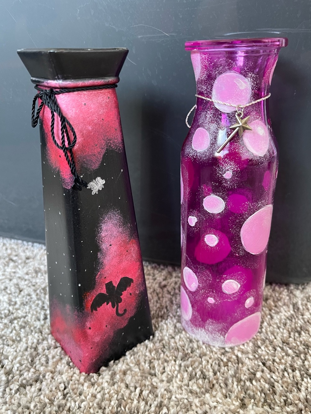 Hand-Painted Pink & Black Decorative Vases - Set of 2 - ONE OF A KIND Wicked Oz